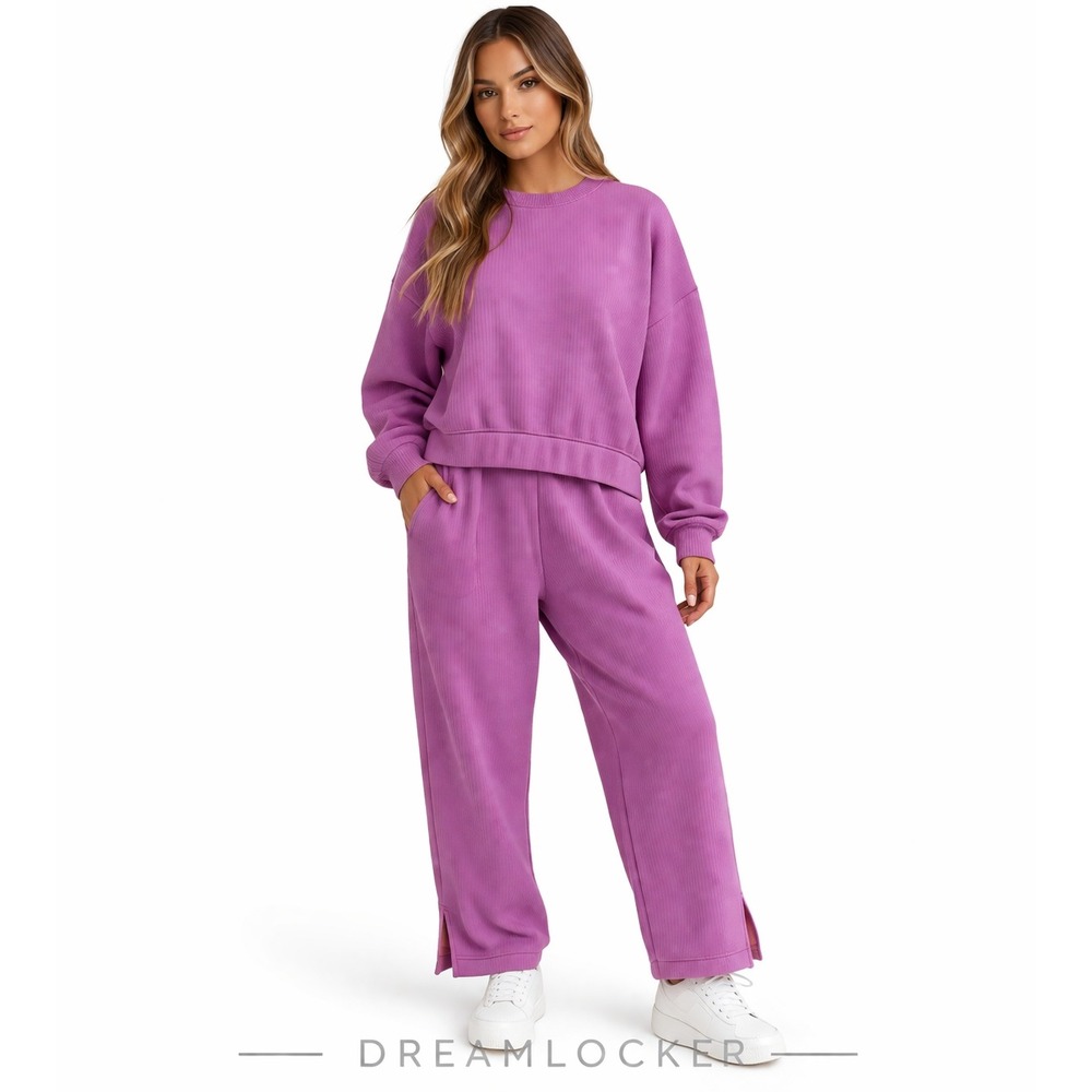 90 Degree by Reflex Scuba Rib Harbor Pullover Crew Pant 2PC Set Purple Baggy XS